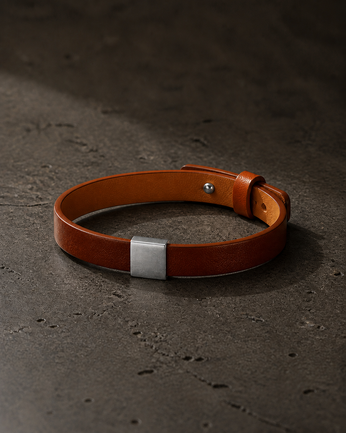 Le Bracelet NORVAL, matière végane cognac et plaque finition argent, posé sur pierre sombre