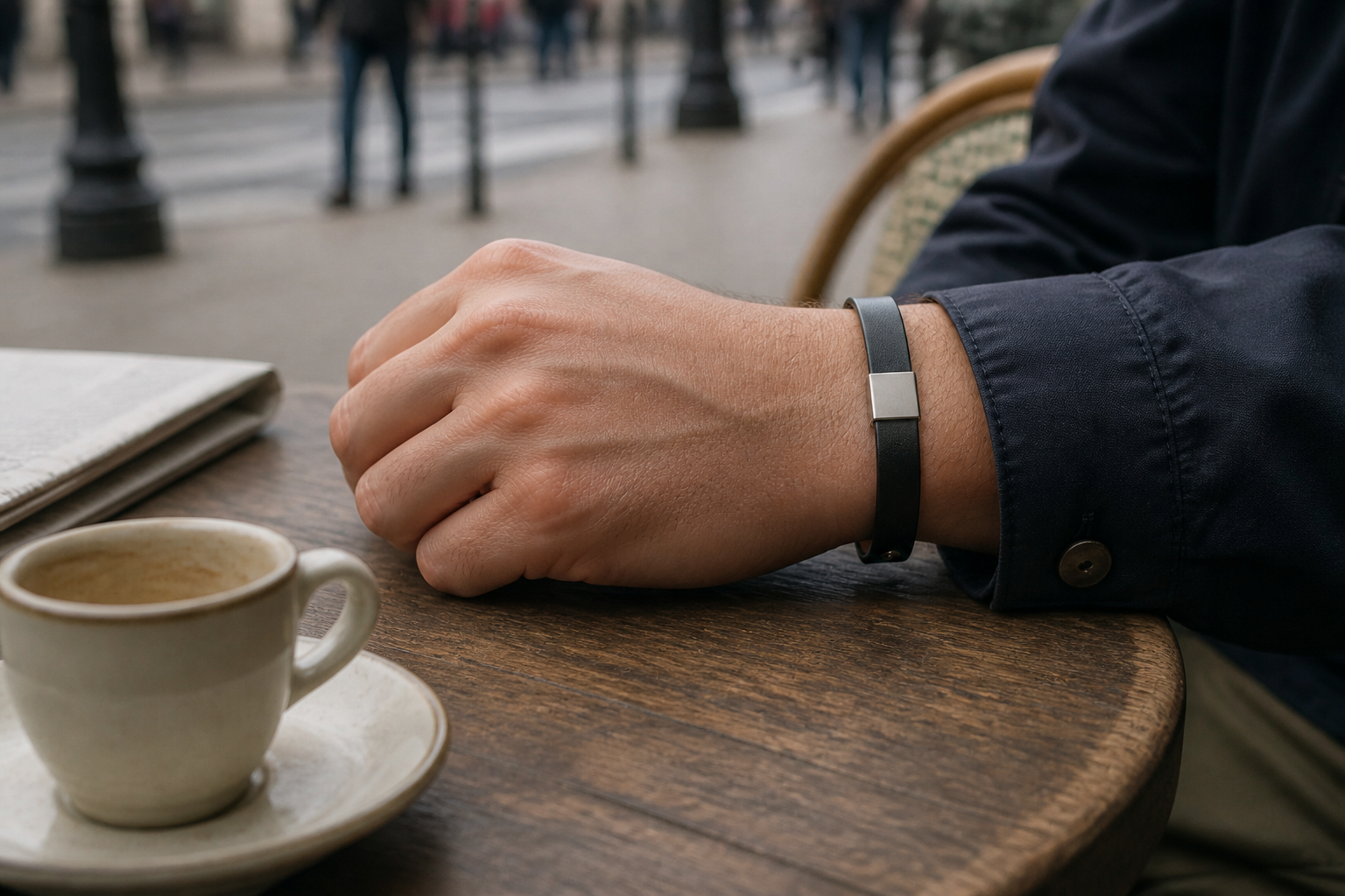 Main posée sur une table de café parisien, bracelet NORVAL en matière végane noire et plaque argent sous une manche