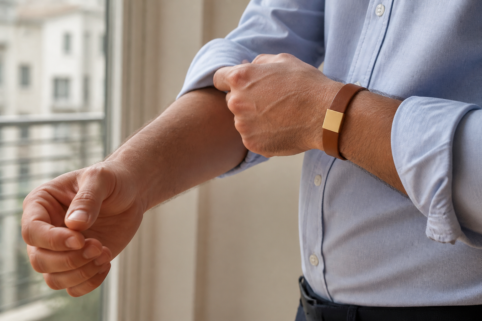 Homme en chemise bleue relevant sa manche, bracelet NORVAL en matière végane cognac et plaque or au poignet