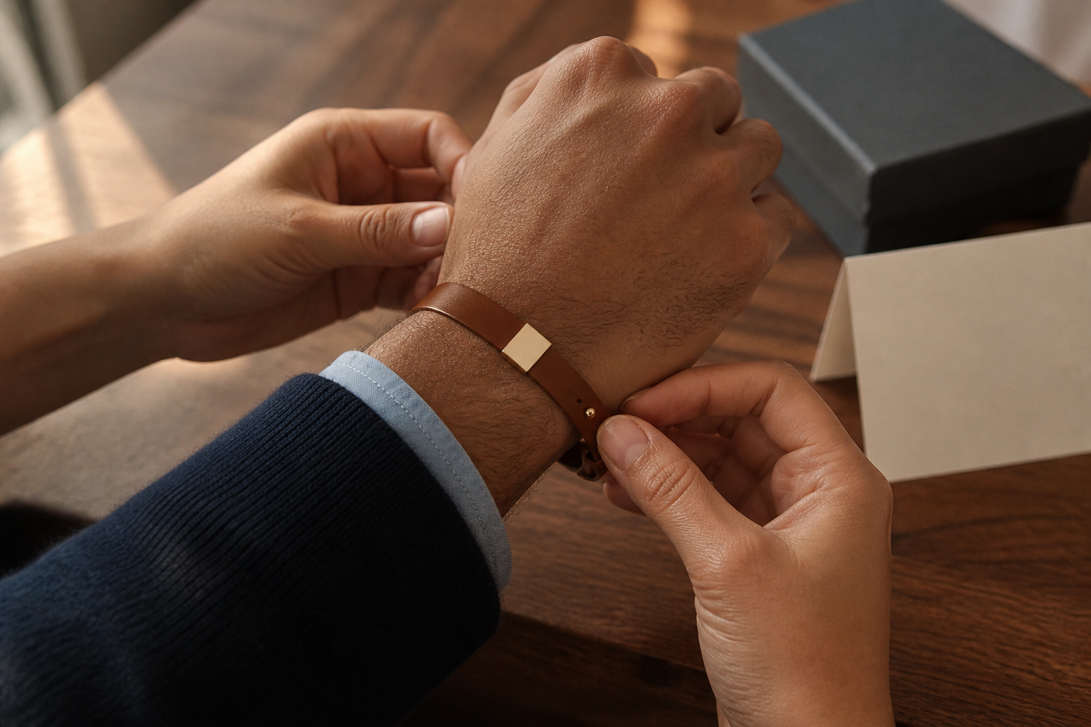 Deux mains attachant un bracelet NORVAL en matière végane cognac à plaque or, à côté de son coffret et d'une carte message