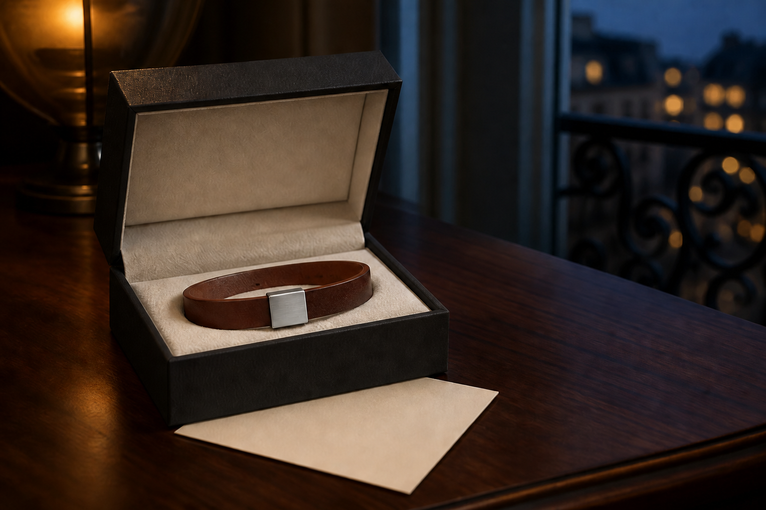 Écrin NORVAL avec le bracelet en matière végane cognac et plaque finition argent, prêt à offrir